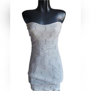 Eclipse White Lace and Sequins Strapless Midi Bodycon Dress L
